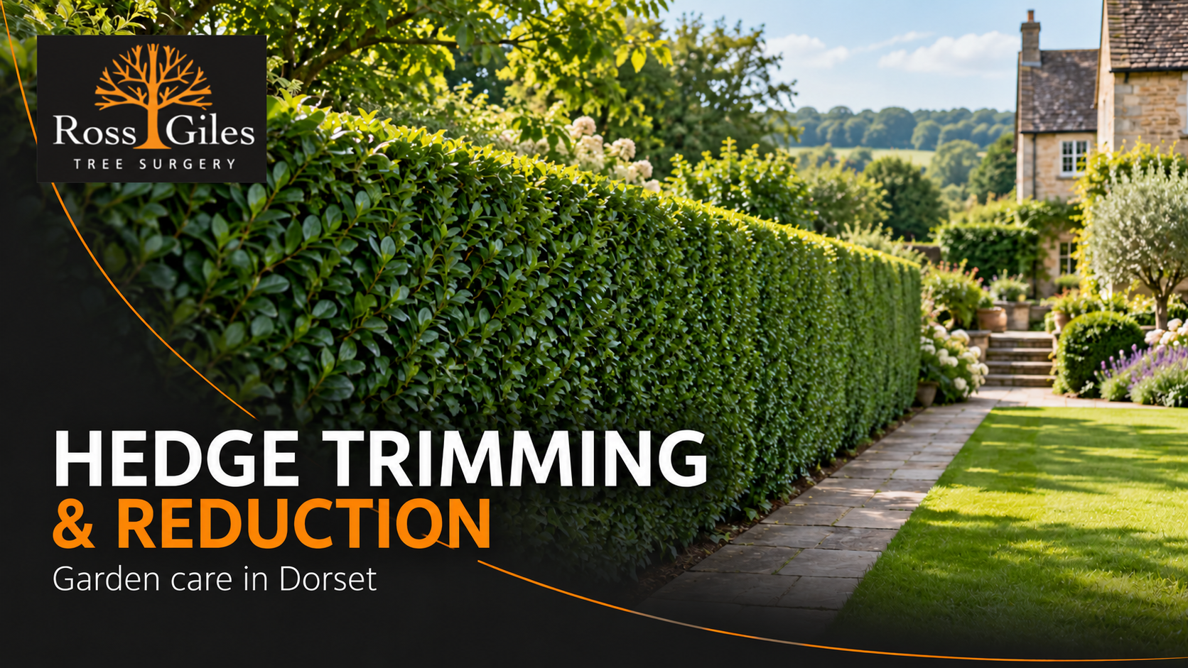 Neatly trimmed green hedge beside a garden path and lawn, with the Ross Giles Tree Surgery logo