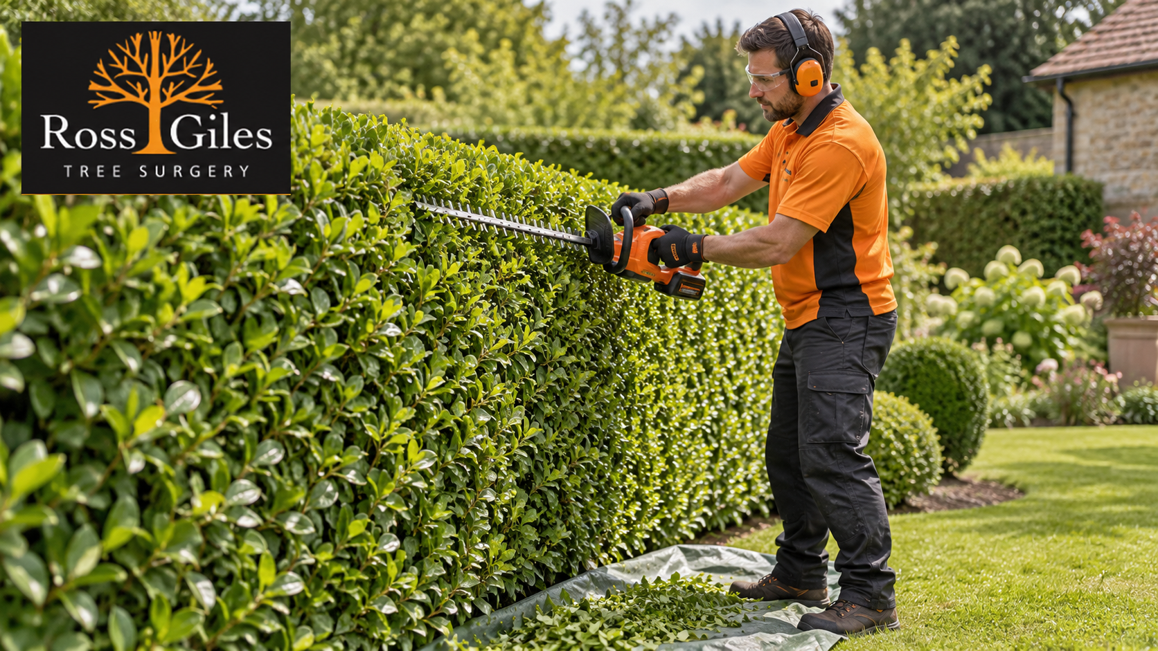 Gardener wearing protective equipment trimming a green hedge with a cordless hedge trimmer